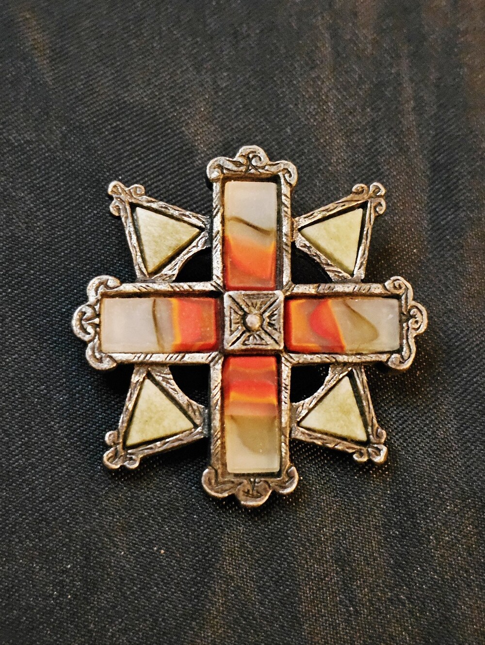 Vintage Signed MIRACLE Celtic Maltese Cross Brooch Faux Agate Marble Art Glass